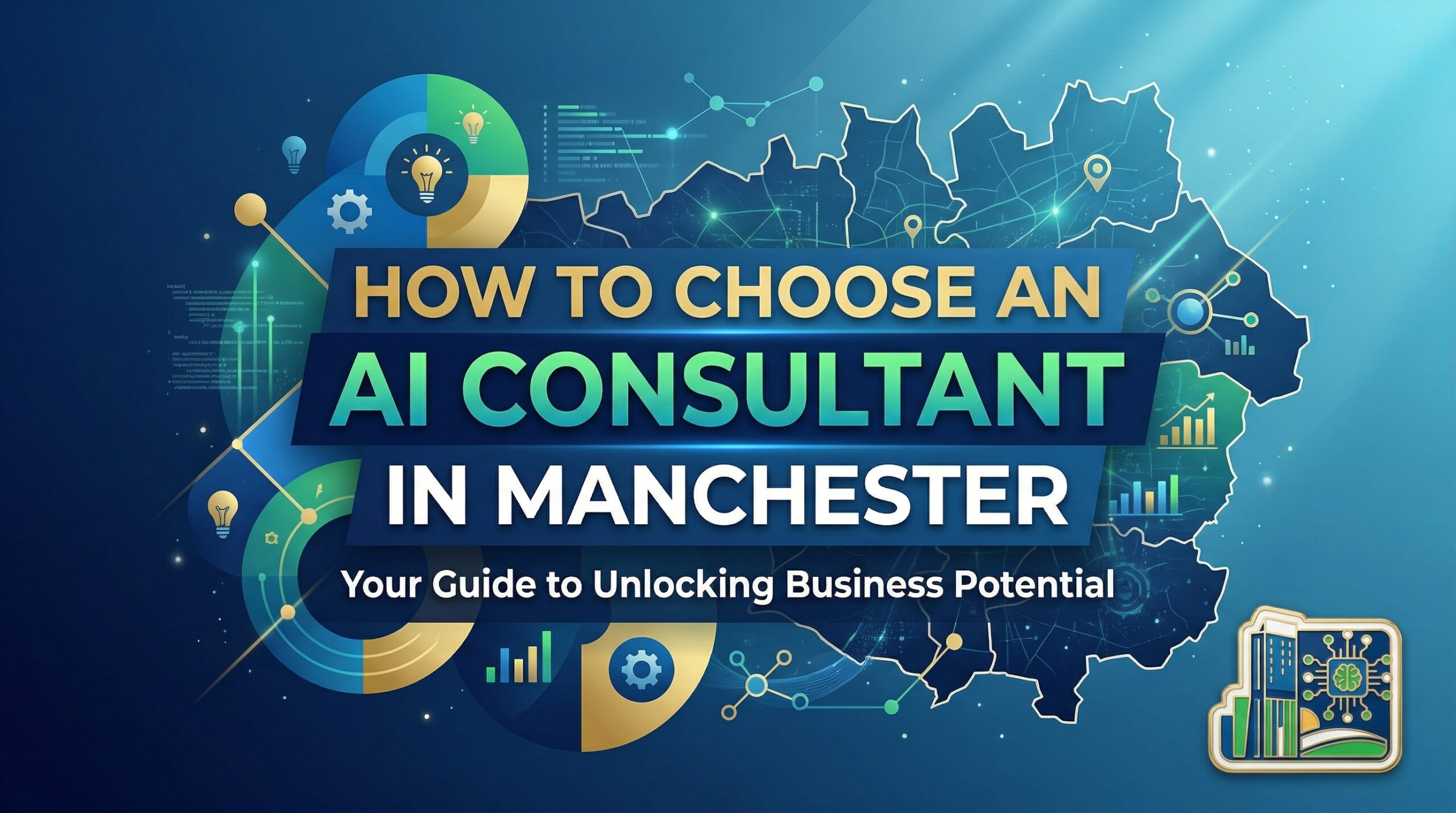 Graphic titled How to Choose an AI Consultant in Manchester with map and technology icons