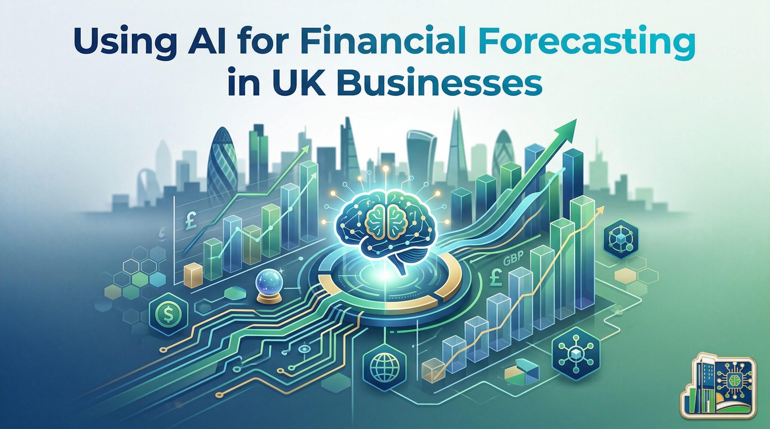 Illustration of a glowing AI brain over financial charts and UK city skyline for financial forecasting.