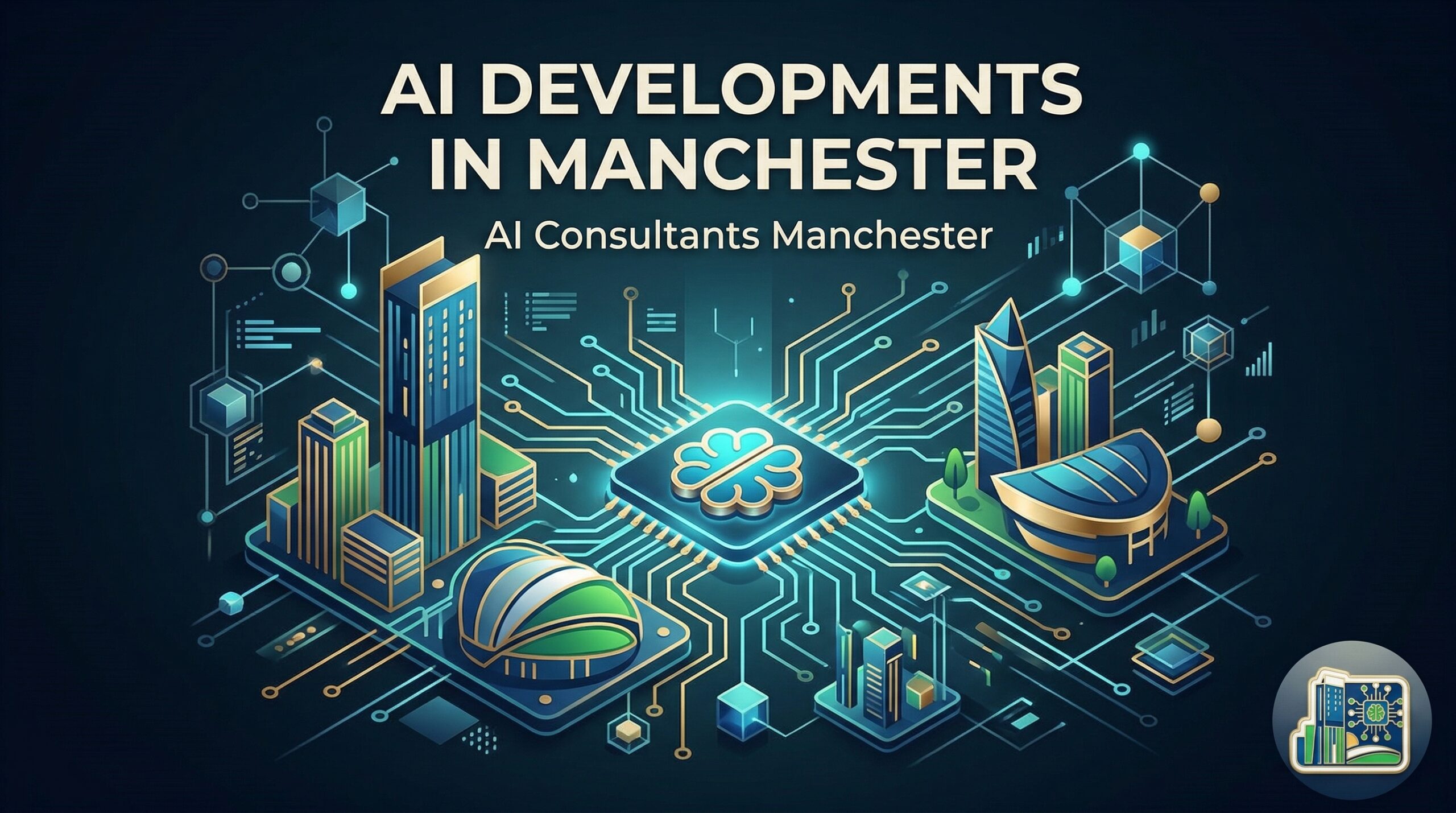 Illustration of AI developments in Manchester featuring a city skyline, circuit board, and glowing brain icon.